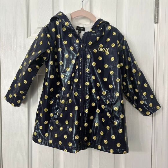 DKNY Toddler Girls 2T Navy Yellow Daisy Print Hooded Raincoat Jacket - Picture 1 of 12